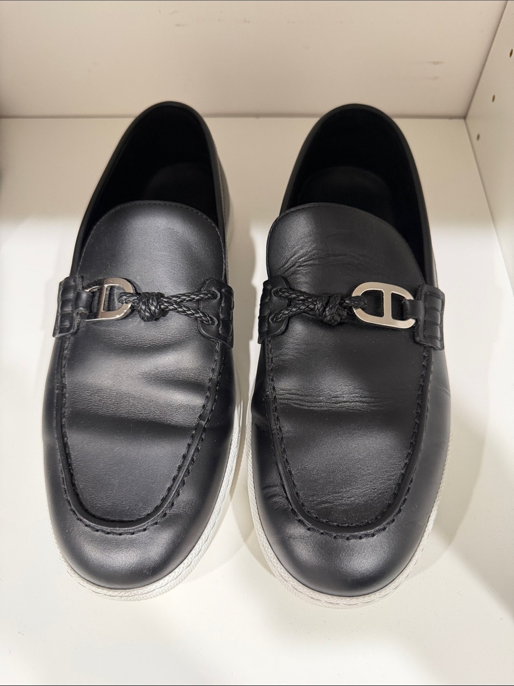 Hermes Black Leather Men’s Slip-On Loafers with Silver Bit